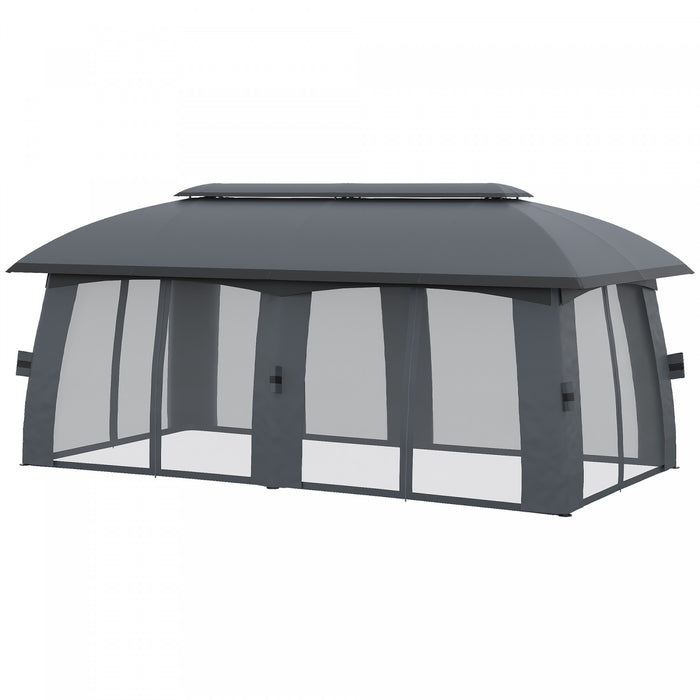 Outsunny Tonnelle De Terrasse 10' X 20', Abri Exterieur Avec Filet Et Rideaux, Toit Ventile, Cadre En Acier Pour Jardin, Pelouse, Arriere-cour Et Terrasse, Gris Fonce