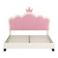  Lit Princesse Judson Tapisse Avec Tete De Lit En Forme De Couronne Et Cadre Plateforme En Pu, Taille Full, Crème