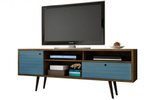 Meuble pour téléviseur Liberty de Manhattan Comfort de 70,86 po de style moderne du milieu du 20e siècle avec 4 espaces tablette et 1 tiroir - brun rustique et bleu turquoise