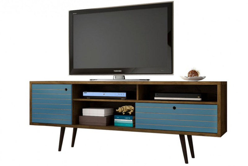 Meuble pour téléviseur Liberty de Manhattan Comfort de 70,86 po de style moderne du milieu du 20e siècle avec 4 espaces tablette et 1 tiroir - brun rustique et bleu turquoise