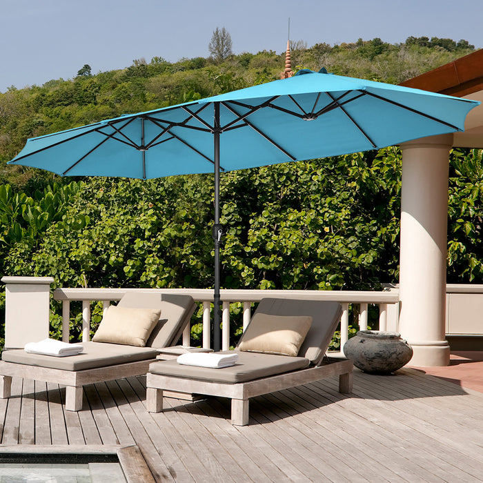 Parasol de patio jumeau double face Costway de 15 pieds, ombrage exterieur, manivelle et marche turquoise