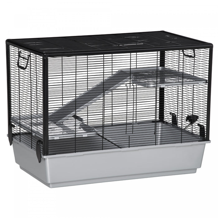 Pawhut Cage Petit Animal Habitat Interieur Cage Pour Cochons D'inde Hamsters Chinchillas, Avec Accessoires Bouteille D'eau Balcon Rampe Plat De Nourriture, 31.5\"x19\"x 22.75\", Gris