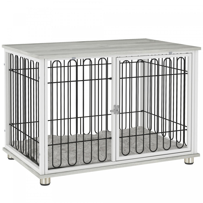 Pawhut Meuble De Cage De Chien Avec Coussin Lavable, Table D'appoint Pour Niche D'interieur Avec Pieds Reglables Pour Chiens De Taille Moyenne, Gris
