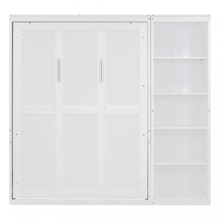 Lit Escamotable Double Jocelyn Gain De Place Avec Etageres, Blanc