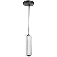 Luminaire suspendu Ramona de Dainolite en verre cannelé transparent, avec fini noir mat et ampoule à DEL de 10 W