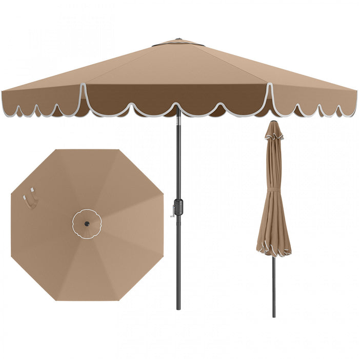 Parasol de patio Costway 10 FT avec reglage d'inclinaison a manivelle, bordures, haut ventile, 8 baleines, marron
