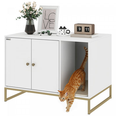 PawHut Cat Litter Box Enclosure, Hidden Litter Box Furniture with Litter Mat, Tall Legs, Cat House Washroom, Side Table, 31.5" x 20" x 22", White
