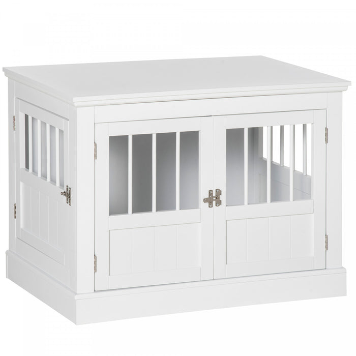Pawhut Meuble De Cage Pour Chien, 31\", Table D'appoint Laterale Avec Trois Portes, Cage D'interieur Pour Petits Chiens, Blanc