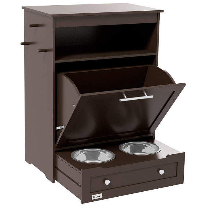 Pawhut Station D'alimentation Pour Animaux De Compagnie, Armoire De Stockage De Nourriture Pour Chiens Avec Gamelles Surelevees Et Cintre Pour Les Aliments Et L'abreuvement, Marron
