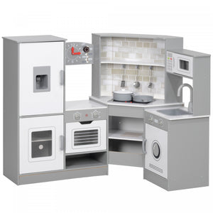 Qaba Cuisine De Jeu D'angle Pour Enfants, Ensemble De Simulation De Cuisine Avec Lumieres Et Sons, Cuisiniere, Machine A Glacons, Micro-ondes, Pour Enfants De 3 Ans Et Plus