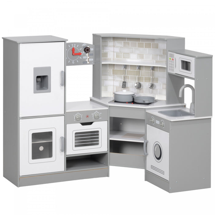 Qaba Cuisine De Jeu D'angle Pour Enfants, Ensemble De Simulation De Cuisine Avec Lumieres Et Sons, Cuisiniere, Machine A Glacons, Micro-ondes, Pour Enfants De 3 Ans Et Plus