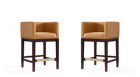 Tabouret de comptoir Kingsley style milieu du siecle en bois et tissu, coloris camel - Lot de 2