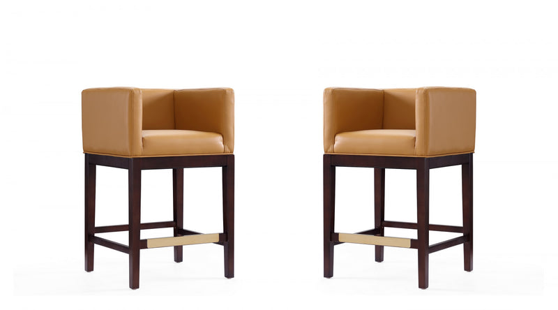 Tabouret de comptoir Kingsley style milieu du siecle en bois et tissu, coloris camel - Lot de 2