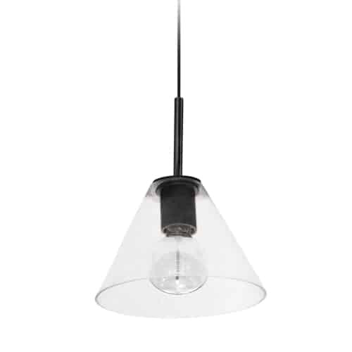 Grand luminaire suspendu Roswell de Dainolite en verre transparent, avec fini noir mat et 1 ampoule