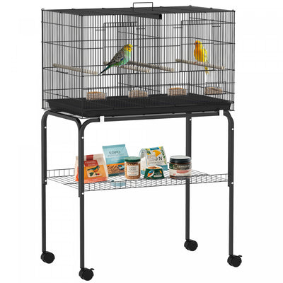 PawHut 46" H Bird Cage, Parakeet Cages for Budgie, Lovebird, Canary, Finches with Divider, Wheeled Stand, Shelf, 4 Wooden Perches, Slide Out Tray, 4 Feeders, Black