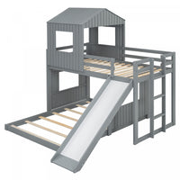 Lit Superpose Marico En Bois Massif, Taille Simple En Haut Et Double En Bas, Avec Toboggan, Design Maison De Jeu - Gris