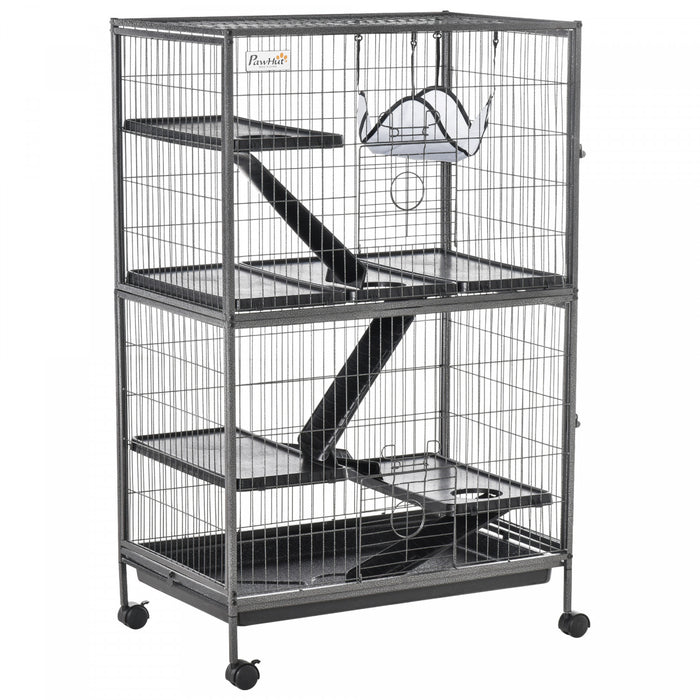 Cage Pour Hamsters Souris Petits Rongeurs Multifonction 4 Plateformes 3 Rampes 4 Portes Dim. 80l X 52l X 128h Cm Metal Gris Argente Noir