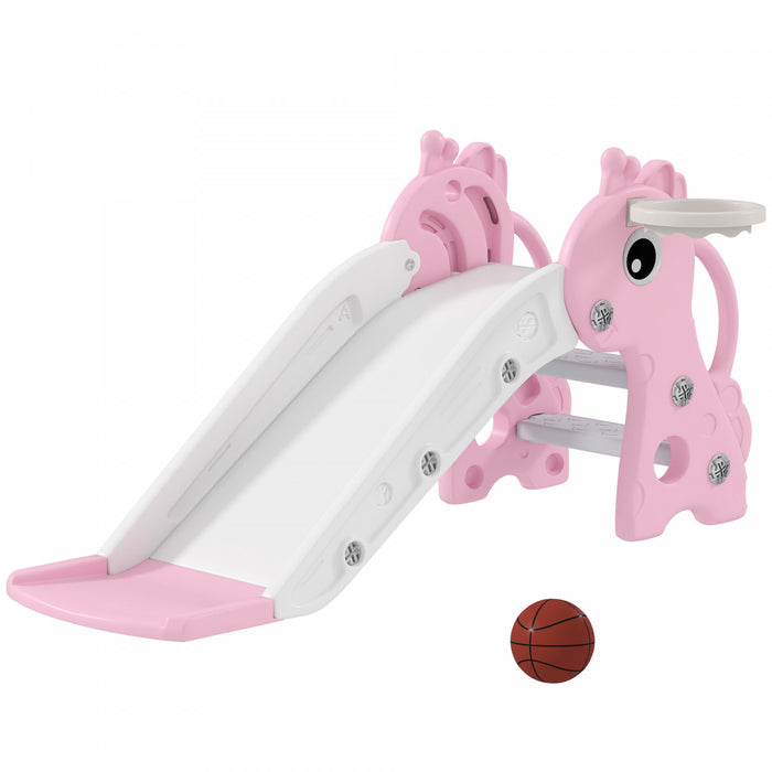 Qaba Toboggan pour tout-petits, toboggan 3 en 1 pour enfants de 1 a 3 ans avec grimpeur, panier de basket et ballon, aire de jeu pour bebe avec motif girafe, rose