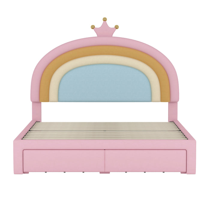 Lit Princesse Arc-en-ciel Maggie Tapisse Avec Tiroir De Rangement Et Cadre Plateforme En Velours, Taille Full, Rose