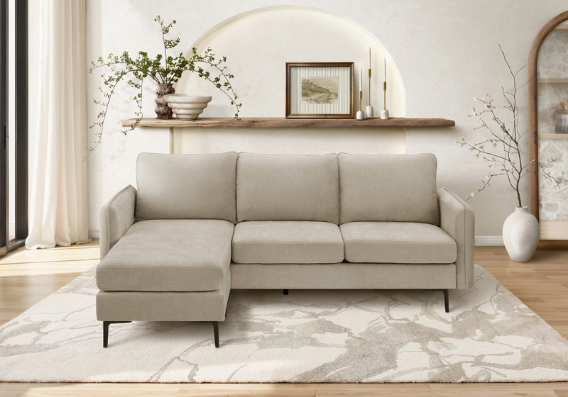 Sofa Chaise Longue Rembourre, 85\" De Large, Tissu Beige, Pieds En Metal Noir