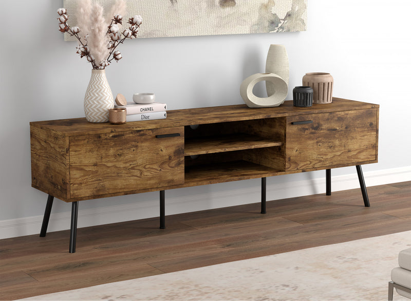 Meuble pour téléviseur durable de 71 po en bois avec 2 portes fermées et 2 tablettes - bois recyclé brun