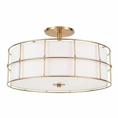 Dainolite Alcala 3 Light Semi-flush Mount Aged Brass Finish White Shade Lamp|Plafonnier semi-affleuré Alcala de Dainolite avec abat-jour blanc, fini laiton vieilli et 3 ampoules