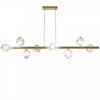 Luminaire suspendu horizontal Pearlene de Dainolite en verre transparent, avec fini laiton vieilli et 8 ampoules