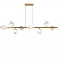 Luminaire suspendu horizontal Pearlene de Dainolite en verre transparent, avec fini laiton vieilli et 8 ampoules