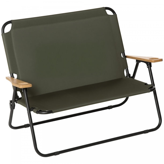 Outsunny Chaise pliante double chaise de camping pour 2 personnes chaise d'exterieur portable avec accoudoir en bois pour la peche et les voyages verte