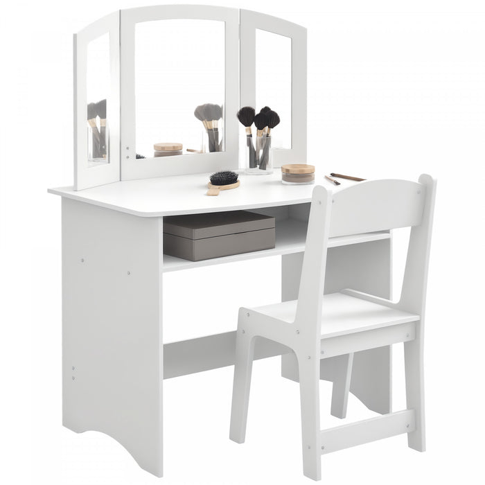 Qaba Ensemble De Vanite Pour Enfants, Coiffeuse De Maquillage Avec Miroir
