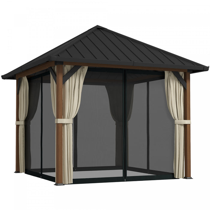 Outsunny Gazebo A Toit Rigide 10'x10' Avec Toit En Acier, Filet Et Rideaux