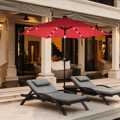 Costway 9' Solar LED Lighted Patio Market Umbrella Tilt Adjustment Crank Lift Burgundy