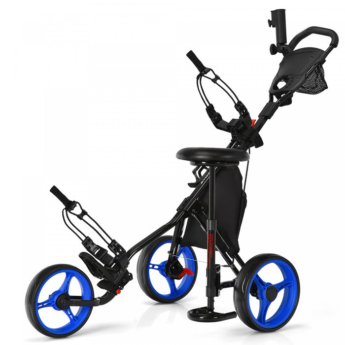 Goplus Pliant 3 Roues Golf Push Cart W/seat Tableau De Bord Poignee Reglable Bleu