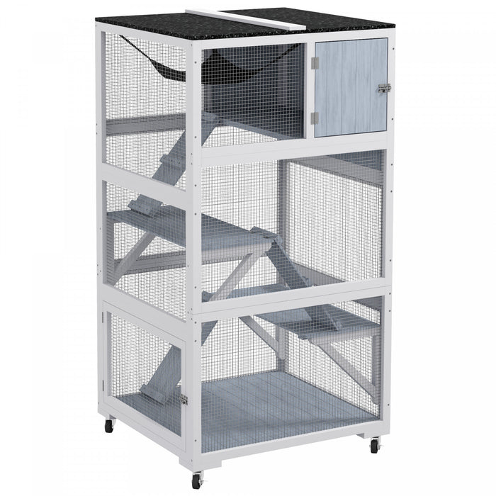Pawhut Catio 34\" L Maison De Chat Exterieure Sur Roues Avec Hamac De Toit Resistant Aux Intemperies Plusieurs Plates-formes De Repos Rampes De Condo Portes Verrouillables, Pour 1-3 Chats, Gris