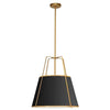 Luminaire suspendu Trapezoid de Dainolite avec abat-jour trapézoïde doré et noir qui diffuse la lumière, tissu blanc et 3 ampoules