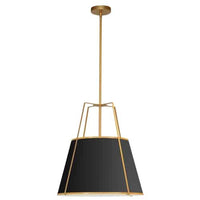 Luminaire suspendu Trapezoid de Dainolite avec abat-jour trapézoïde doré et noir qui diffuse la lumière, tissu blanc et 3 ampoules