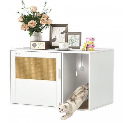 Pawhut Cat Litter Box Enclosure, Hidden Litter Box Furniture With Rattan Door, Scratching Pad, Non-slip Foot Pads, Cat Washroom End Table, 31.5" X 20" X 20", White