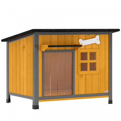 PawHut Dog House Anti-Chewing Steel Frame, Wooden Dog Kennel House with Openable Roof, Removable Floor, Door Curtain, Weatherproof Pet Shelter for Outdoor Indoor