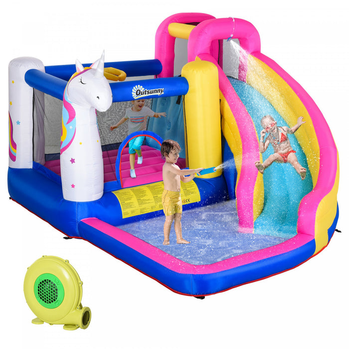 Outsunny Kids Bounce Castle House Trampoline Gonflable Toboggan Aquatique Mur D'escalade 5 En 1 Avec Gonfleur Pour Les Enfants De 3 A 12 Ans Ete 12,4' X 10,5' X 6,9' Multicolore