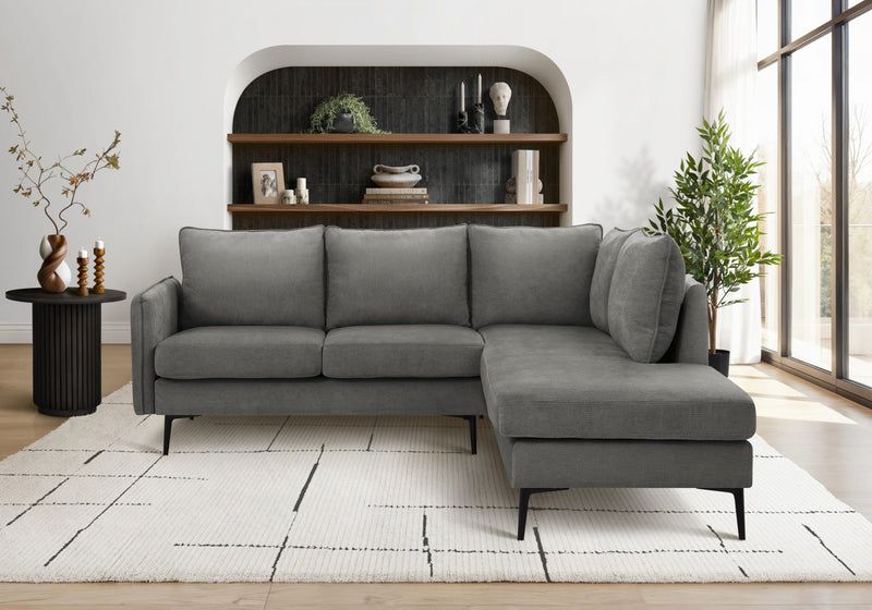 Sofa Sectionnel Rembourre, 85\" De Large, Tissu Gris, Pieds En Metal Noir