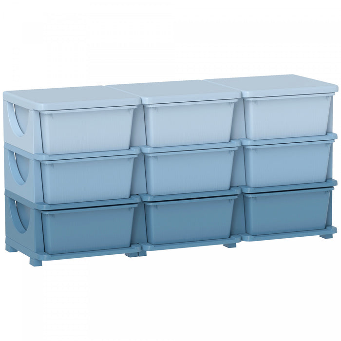 Qaba Organiseur De Jouets A 3 Niveaux Avec 9 Bacs De Rangement, Bleu