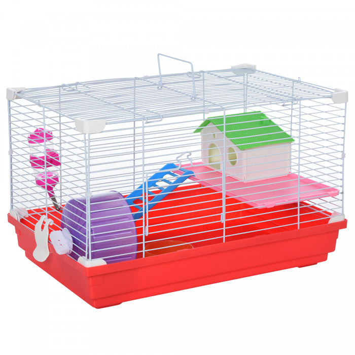 Pawhut Cage Pour Hamster 18.5\" Avec Roue D'exercice Et Plats Pour Bouteille D'eau, Maison Pour Rat Et Habitats A 2 Etages, Rouge