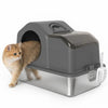 Grand bac a litiere en acier inoxydable pour chat, gris fonce