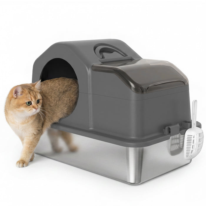 Grand bac a litiere en acier inoxydable pour chat, gris fonce