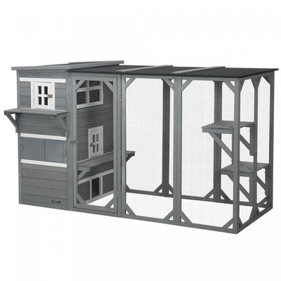 Pawhut Wooden Cat Catio, 76"l Walk In Outdoor Cat House With Asphalt Roof, Platforms, Lockable Doors|Pawhut Catio Pour Chat En Bois, 76"l Maison De Chat En Plein Air Avec Toit En Asphalte, Plates-forme
