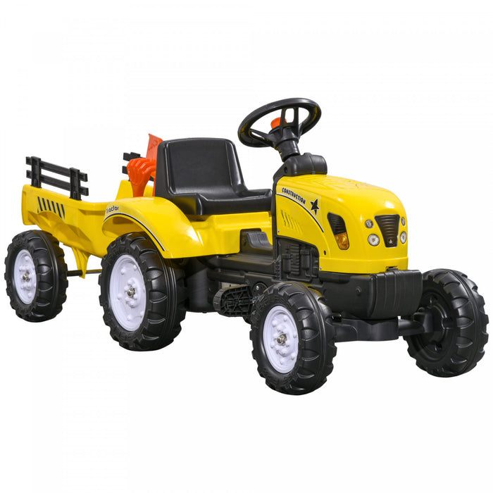 Aosom Tracteur Pour Enfants, Pedale Manuelle, Voiture Avec Remorque De Rangement Arriere, Pelle Et Rateau, Klaxon Pour 3 Ans, Jaune