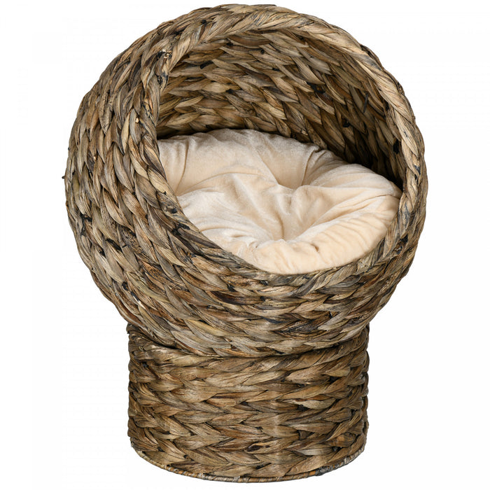 Pawhut Lit Pour Chat En Osier, Lit Sureleve Pour Chaton En Rotin Avec Coussin, Chaise œuf Pour Chat, Maison Pour Chat Avec Support Pour Chats D'interieur, Gris
