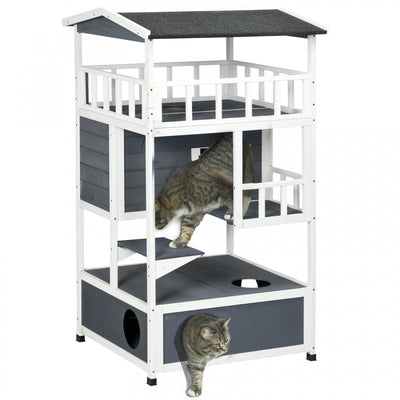 Pawhut Wooden Outdoor Cat House, Feral Cat Shelter Kitten Tree With Asphalt Roof, Escape Doors, Cond|Pawhut Condo Pour Chats En Bois Massif A 4 Etages Avec Espace Pour Bac A Litiere
