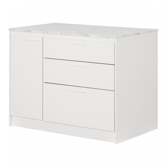 Myro Ilot De Cuisine Avec Porte Et Tiroirs - Faux Marbre Blanc Et Blanc