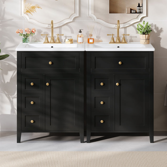 Aura Ensemble Meuble-Lavabo Double 48 po avec Tiroirs et Armoire, Noir